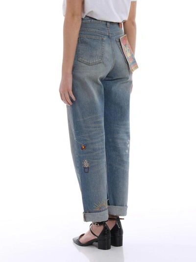Shop Gucci Cropped Embroidered Jeans In Blue/multicolor