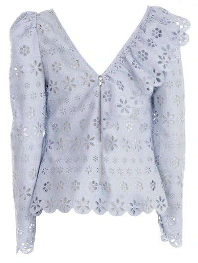 Shop Self-portrait Floral Broderie Frill Top In Baby Blue