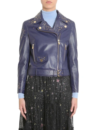 Shop Boutique Moschino Studded Biker Jacket In Blu