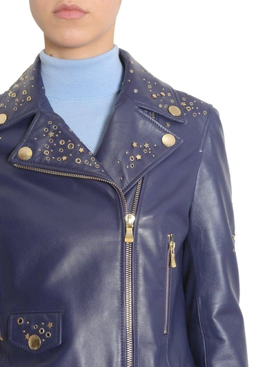 Shop Boutique Moschino Studded Biker Jacket In Blu