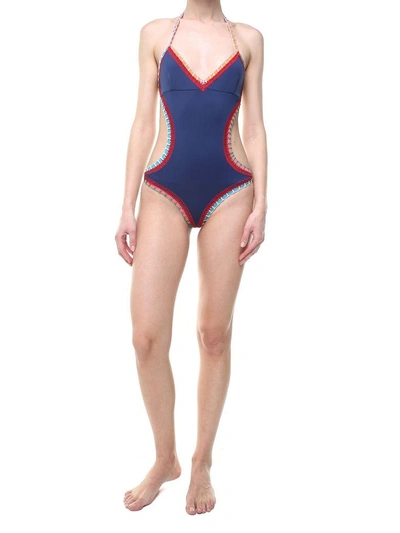 Shop Kiini Tasmin Mono Maillot Croquet-trimmed Swimsuit In Blu