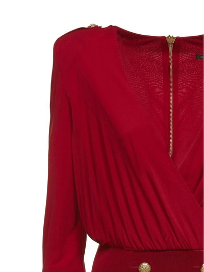 Shop Balmain Button Embellished Dress In Rosso