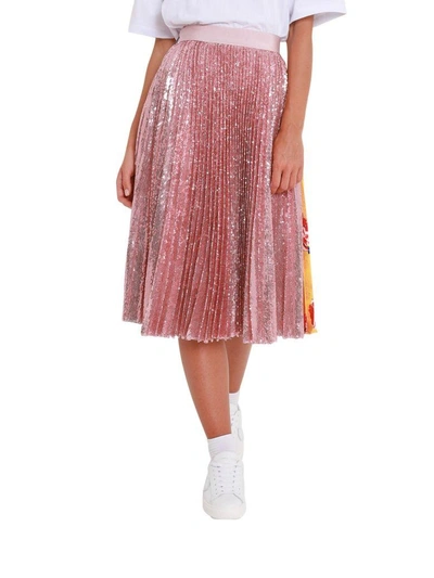 Shop Msgm Sequins Pleated Midi Skirt With Printed Insert In Rosa