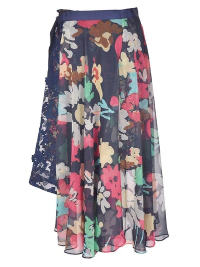 Shop Sacai Floral Print Skirt In Navy