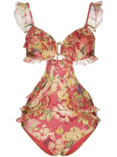 Shop Zimmermann Melody Frill Off-the-shoulder Floral-print Swimsuit In Multicolor