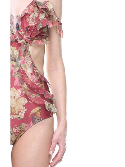 Shop Zimmermann Melody Frill Off-the-shoulder Floral-print Swimsuit In Multicolor