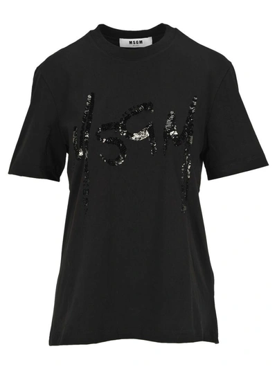 Shop Msgm Tshirt Logo Pailettes In Black