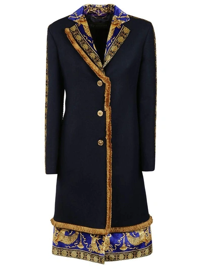 Shop Versace Printed Coat In Blue