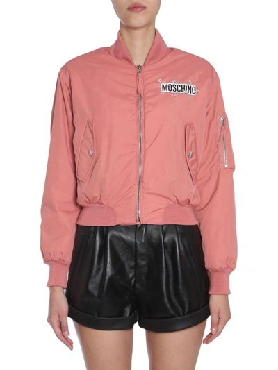 Shop Moschino Cropped Bomber Jacket In Rosa