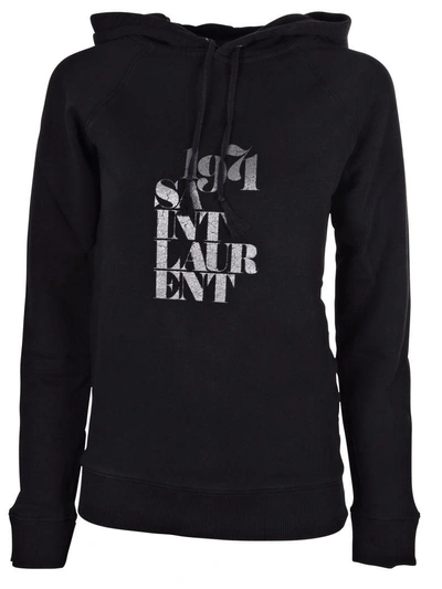 Shop Saint Laurent Logo Print Hoodie In Noir Delave/argent