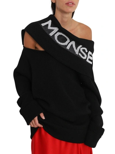 Shop Monse Knitted Sweater With Logo Intarsia Shawl Collar In Nero