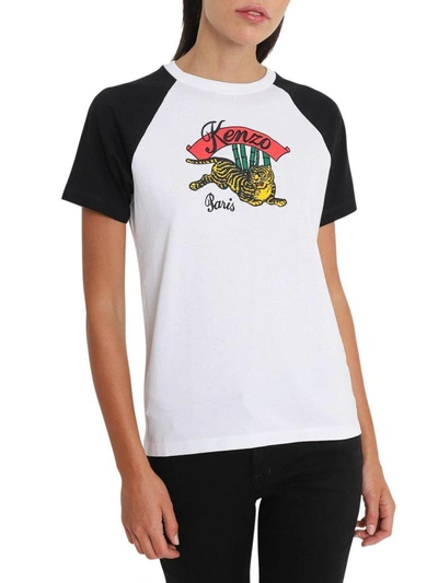 Shop Kenzo Jersey T-shirt With Jumping Tiger Print And Embroidery In Bianco