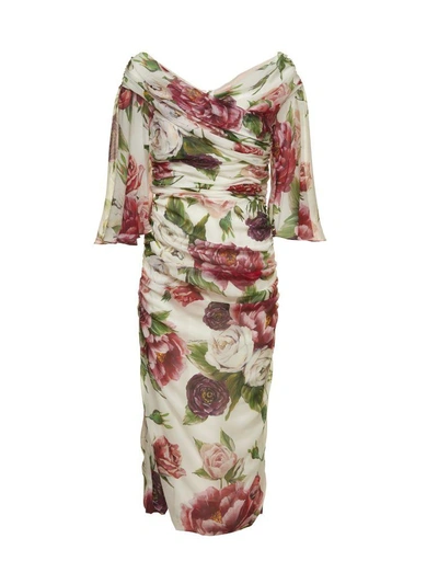 Shop Dolce & Gabbana Fitted Floral Dress In Bianco Multicolor