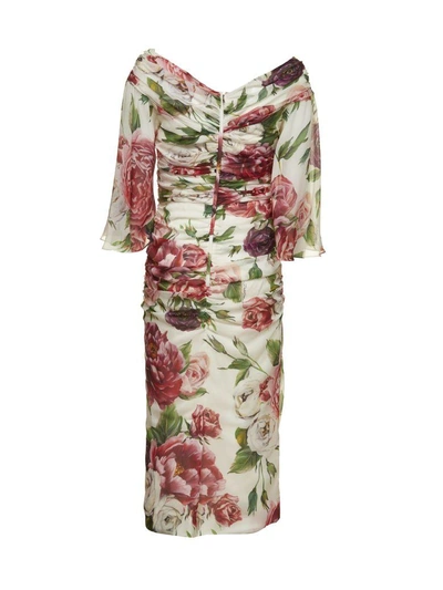 Shop Dolce & Gabbana Fitted Floral Dress In Bianco Multicolor