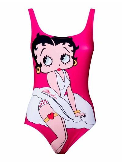 Shop Moschino Betty Boop Print Swimsuit In Fuxia