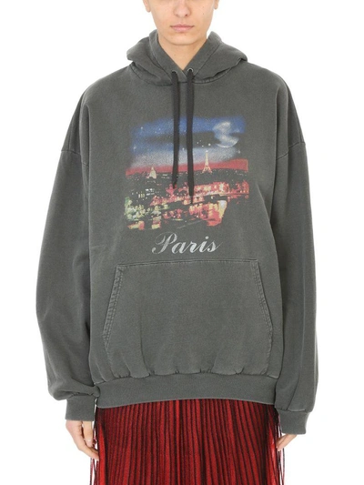 Shop Balenciaga Hoodie Paris Grey Cotton Printed Sweatshirt