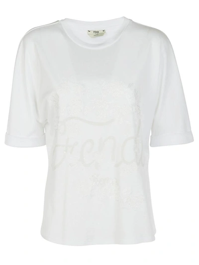 Shop Fendi Embroidered Logo T-shirt In F0znm White