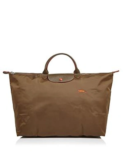 Shop Longchamp Le Pliage Club Large Nylon Canvas Travel Bag In Khaki Beige/nickel
