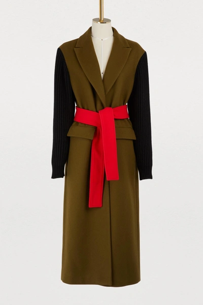 Shop Msgm Belted Wool Coat In Green/red