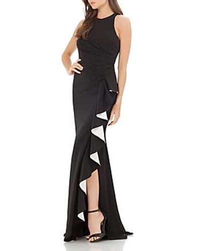 Shop Carmen Marc Valvo Infusion Contrast Ruffle Gown In Black/white