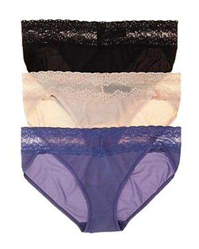 Shop Natori Bliss Perfection V-kinis, Set Of 3 In Chambray/black/cameo Rose