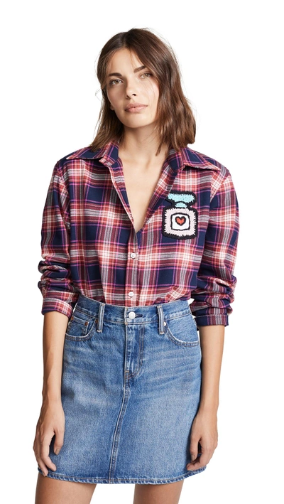 Shop Michaela Buerger Plaid Button Down Shirt With Perfume Bottle In Red/pink Plaid
