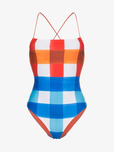 Shop Mara Hoffman Olympia Spaghetti Strap Check Swimsuit In Multicolour