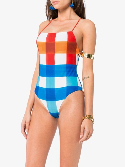 Shop Mara Hoffman Olympia Spaghetti Strap Check Swimsuit In Multicolour