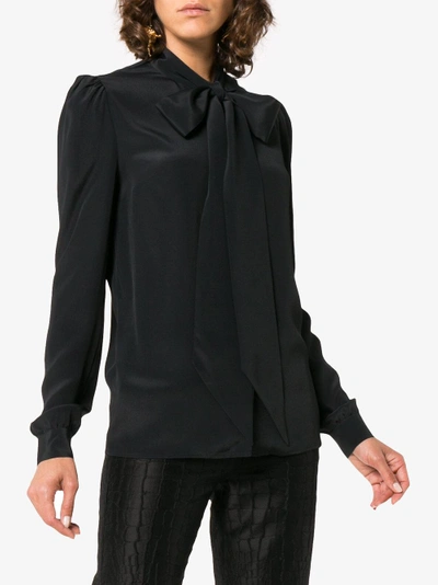 Shop Racil Long Sleeve Silk Blouse With Tie Neck In Black