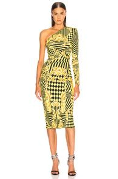 Shop Versace Printed One Shoulder Cocktail Dress In Abstract,stripes,yellow
