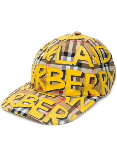 Shop Burberry Graffiti-print Vintage Check Baseball Cap In Yellow
