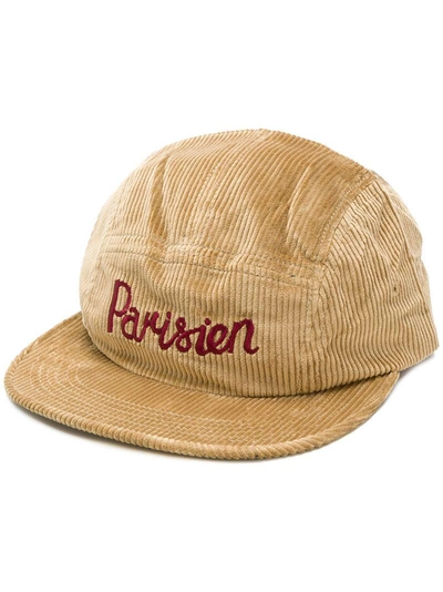 Shop Maison Kitsuné Parisien Embroidered Velvet Cord Cap In Brown