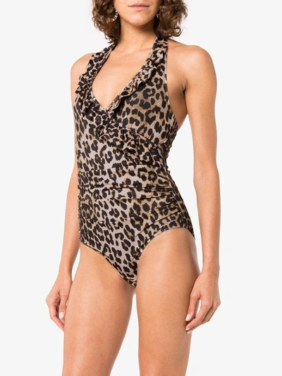 Shop Ganni Avalon Leopard Print Ruffle Swimsuit In Brown