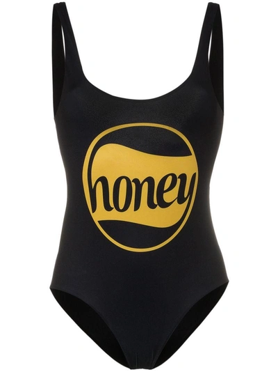 Shop Ganni Charneu Honey Print Swimsuit In Black