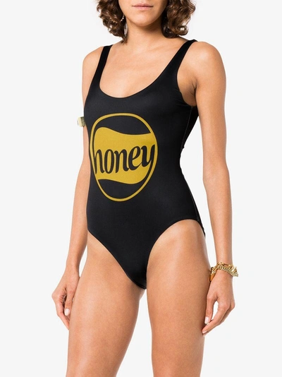 Shop Ganni Charneu Honey Print Swimsuit In Black