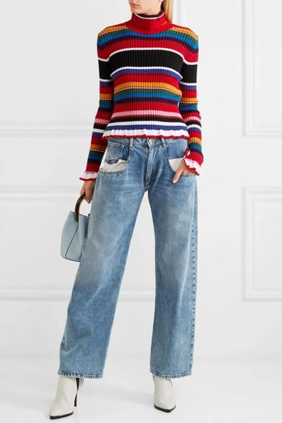 Shop Msgm Striped Ribbed Wool-blend Turtleneck Sweater In Red