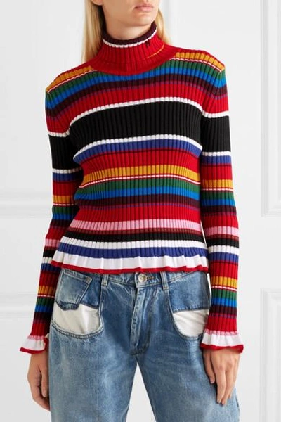 Shop Msgm Striped Ribbed Wool-blend Turtleneck Sweater In Red