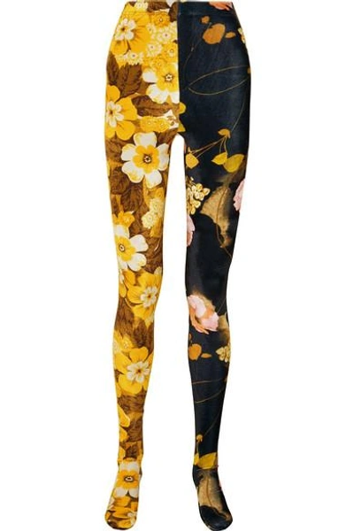 Shop Richard Quinn Floral-print Velvet Leggings In Yellow