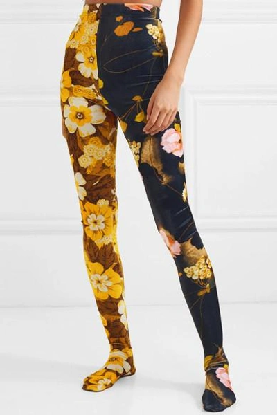 Shop Richard Quinn Floral-print Velvet Leggings In Yellow