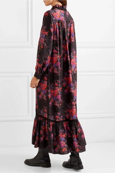 Shop Mcq By Alexander Mcqueen Lace-trimmed Floral-print Silk Maxi Dress In Black