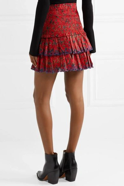 Shop Isabel Marant Étoile Naomi Shirred Embroidered Cotton Mini Skirt In Red