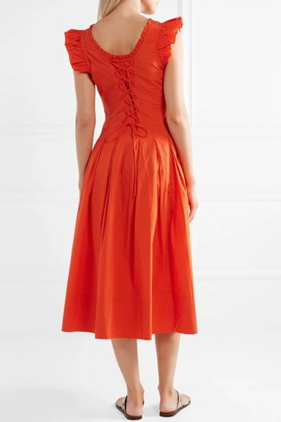 Shop Ulla Johnson Camille Ruffled Lace-up Cotton-poplin Midi Dress In Papaya