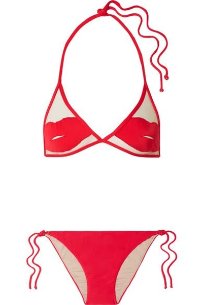 Shop Adriana Degreas + Charlotte Olympia Pin-up Kiss Tulle-paneled Triangle Bikini In Red
