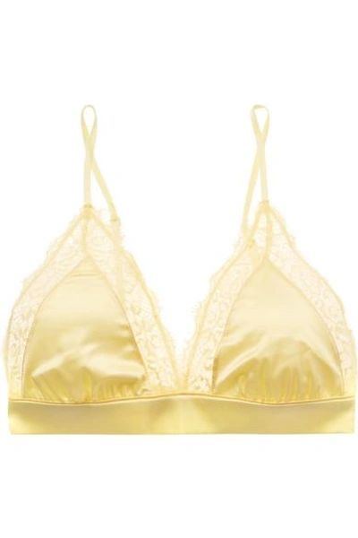 Shop Anine Bing Winnie Lace-trimmed Satin Soft-cup Triangle Bra In Yellow