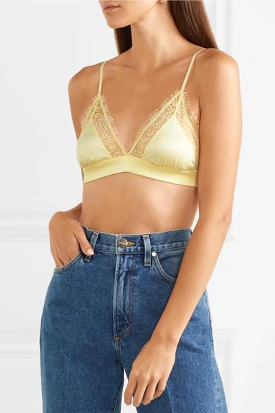 Shop Anine Bing Winnie Lace-trimmed Satin Soft-cup Triangle Bra In Yellow