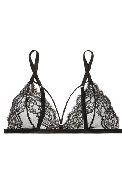 Shop Coco De Mer Seraphine Leavers Lace, Tulle And Satin Soft-cup Triangle Bra In Black