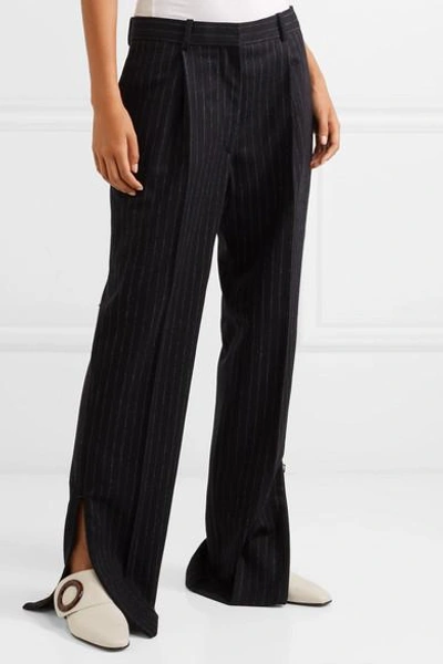Shop Hillier Bartley Pinstriped Wool Trousers In Black