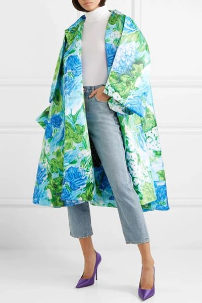 Shop Richard Quinn Oversized Floral-print Duchesse-satin Coat In Azure