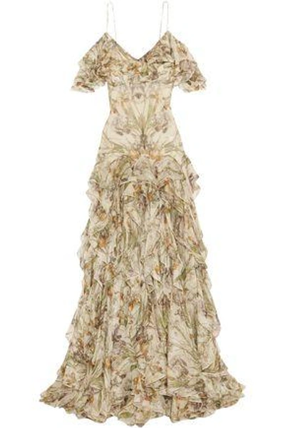 Shop Alexander Mcqueen Cold-shoulder Ruffled Floral-print Silk-georgette Gown In Ivory