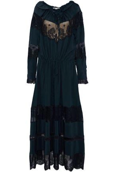 Shop Stella Mccartney Woman Lace-paneled Gathered Silk Crepe De Chine Maxi Dress Midnight Blue